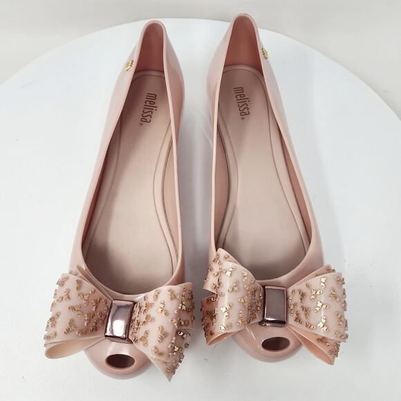 Melissa Ultragirl Sweet XVI Flats Women 9 Blush Pink Gold Accent Double Bow Peep - Picture 3 of 15